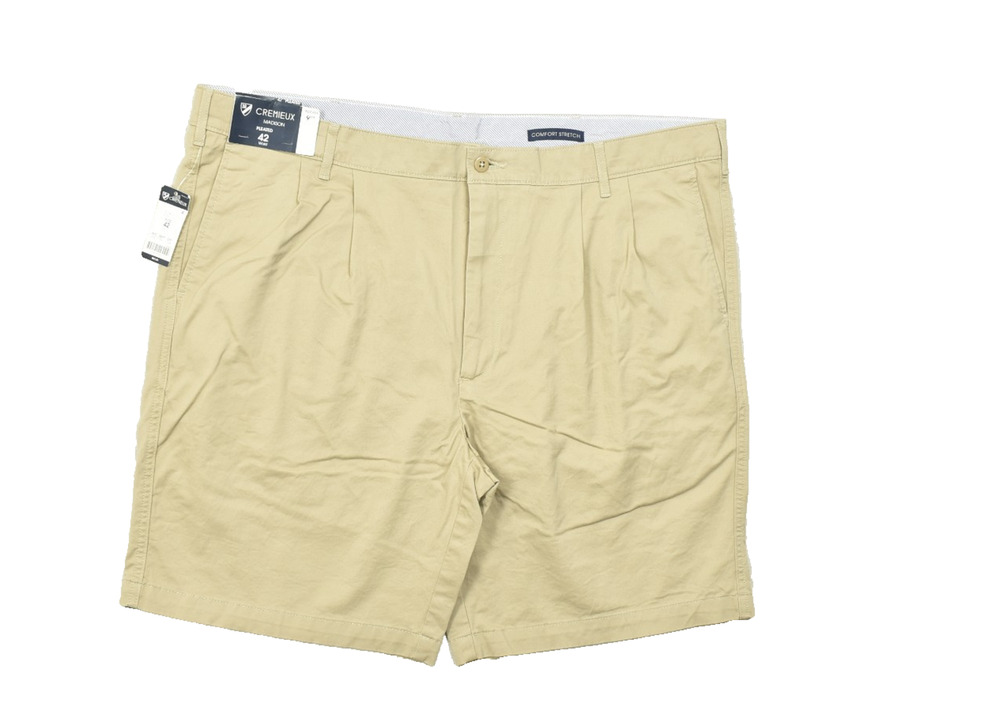 CREMIEUX Men Pleated Madison Khaki Shorts Comfort Stretch Size 42 Zip Solid NEW